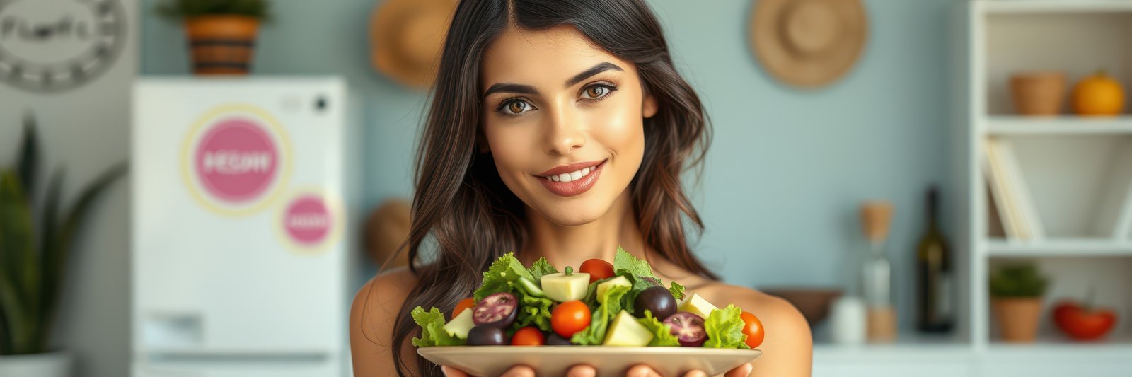 Woman holding a fresh salad in a bright kitchen filled with plants and decor during daylight